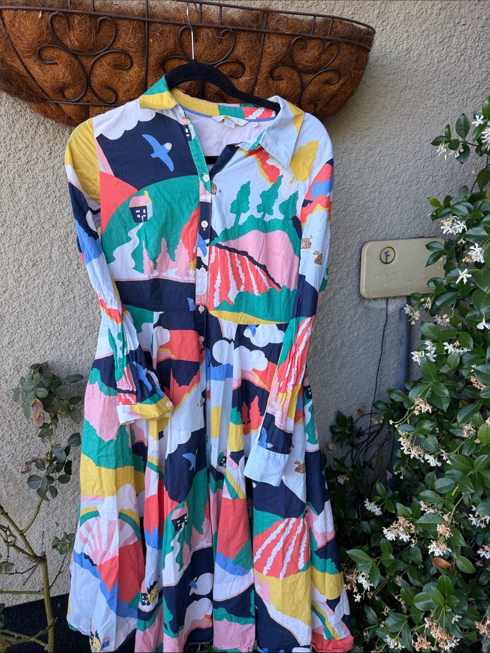 Boden Colorful Scenic Print Midi Shirt Dress Size US 8R UK 12R 100%cotton